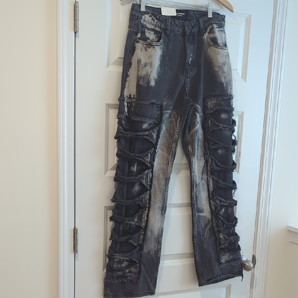Victorious Premium Distressed Black and Gray Jeans with Unique Cutouts Unisex
